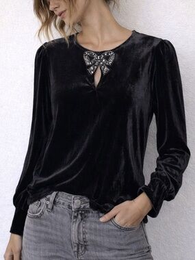 LOFT Velvet Bow Embellished Keyhole Blouse Medium Dark Romantic Whimsigoth‎